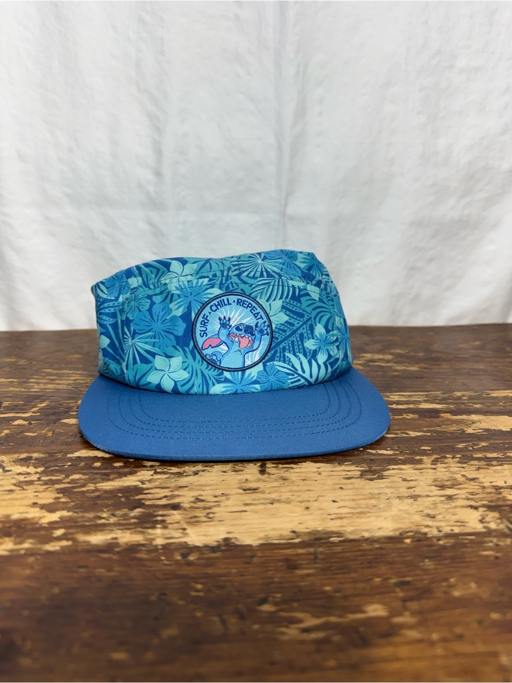 Disney Stitch Blue Tropical Surf Cap - 'Surf Chill Repeat'